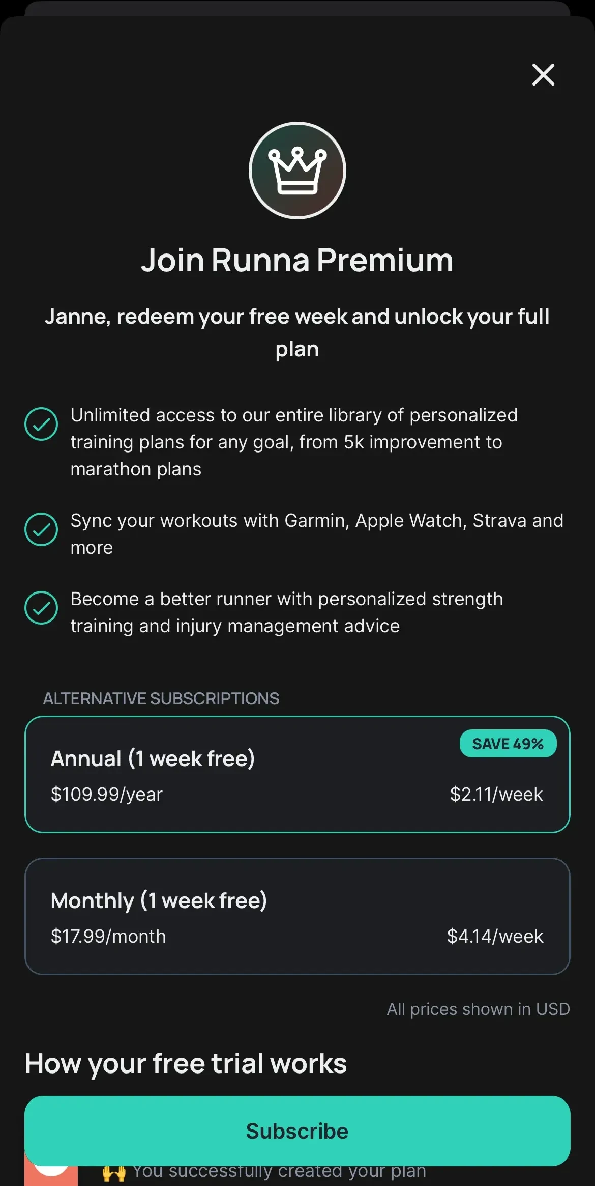 Runna paywall screen