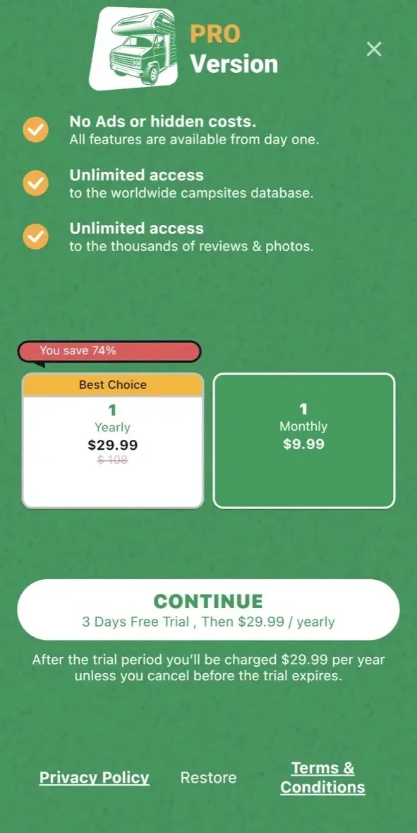 RV Campgrounds paywall screen