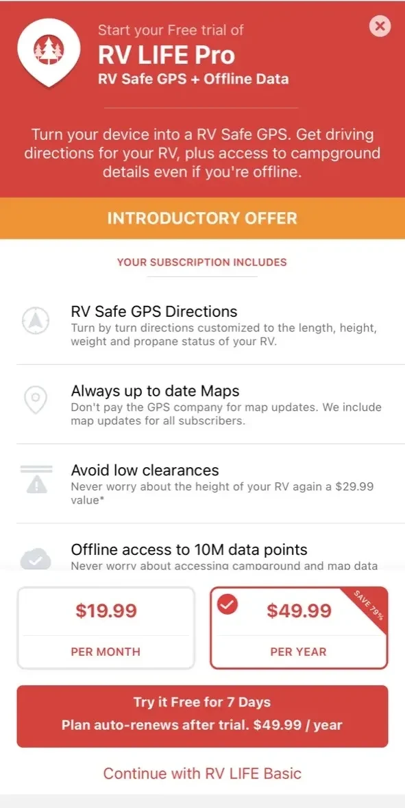 RV Life paywall screen