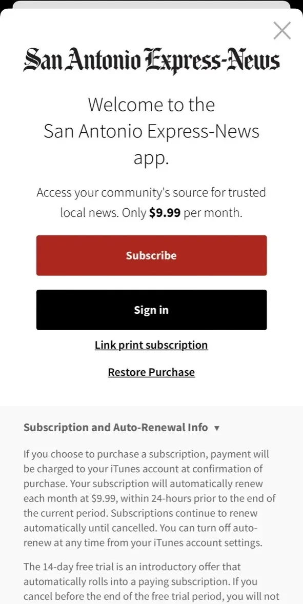 SA Express paywall screen