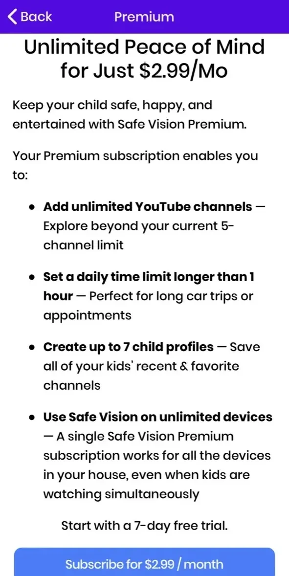 Safe Vision Kids paywall screen