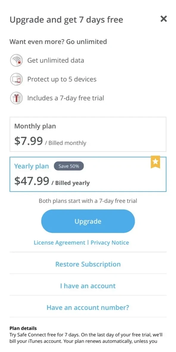 Safe VPN Connect paywall screen