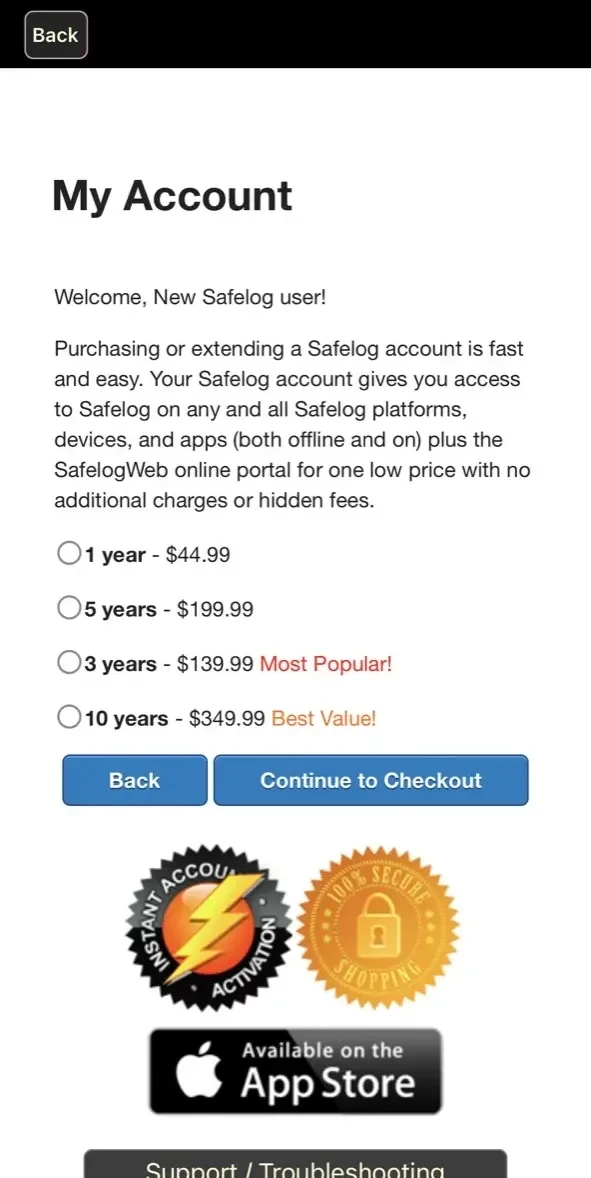 Safelog Pilot Logbook paywall screen