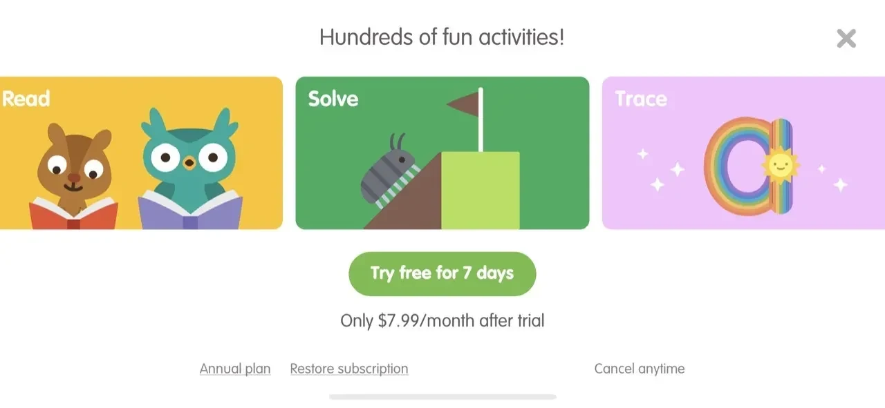 Sago Mini School paywall screen