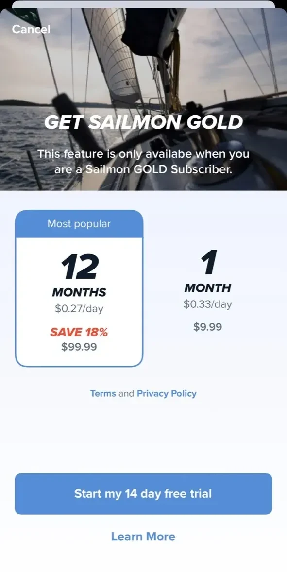 Sailmon paywall screen