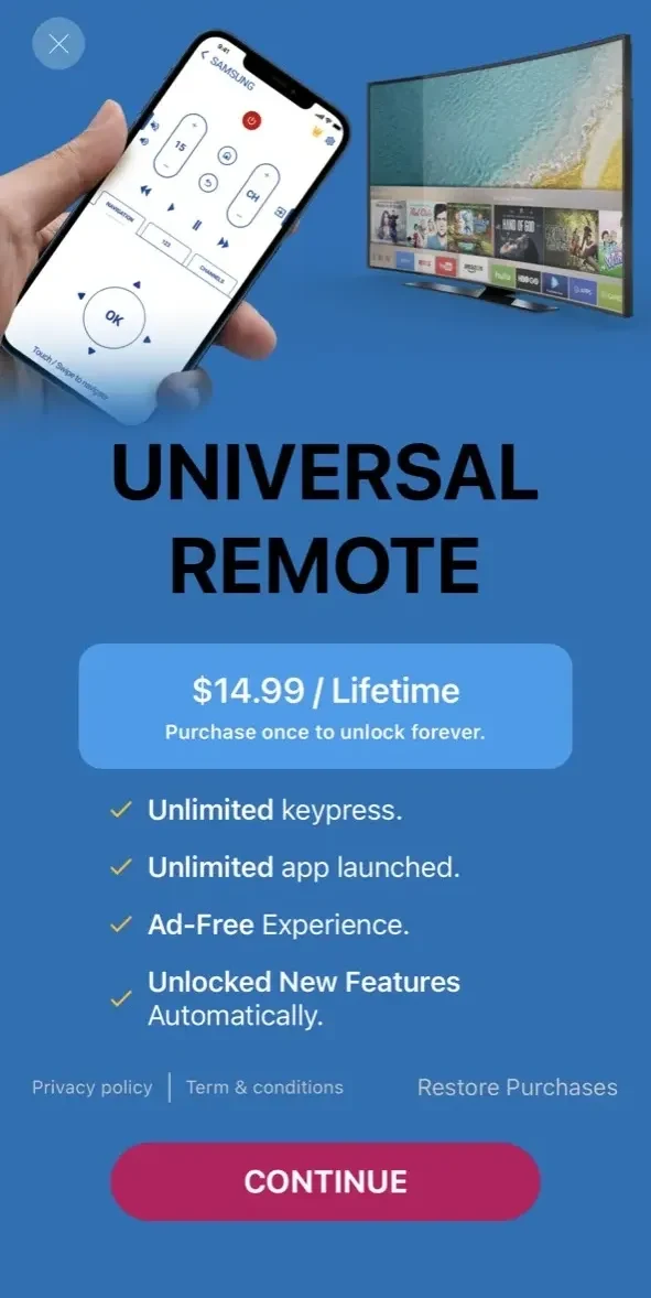 Sam TV Remote paywall screen