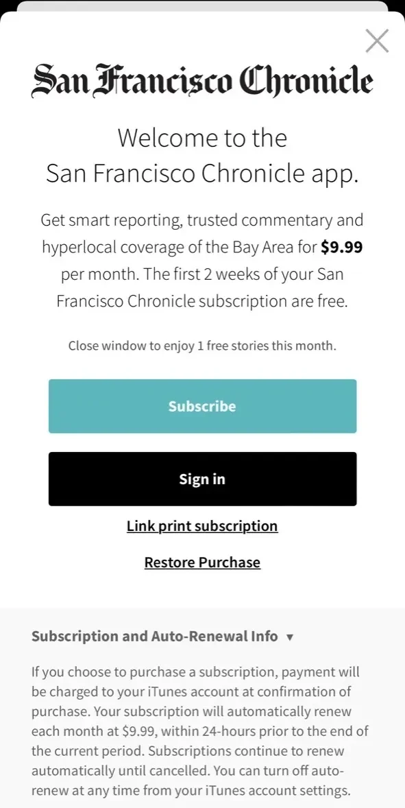 San Francisco Chronicle paywall screen
