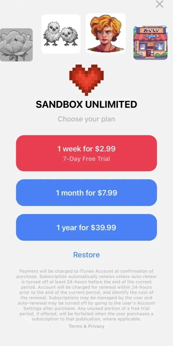 Sandbox paywall screen
