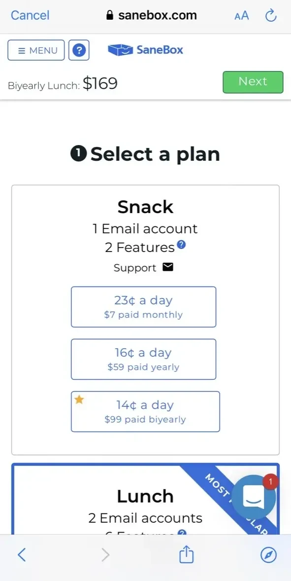 SaneBox paywall screen