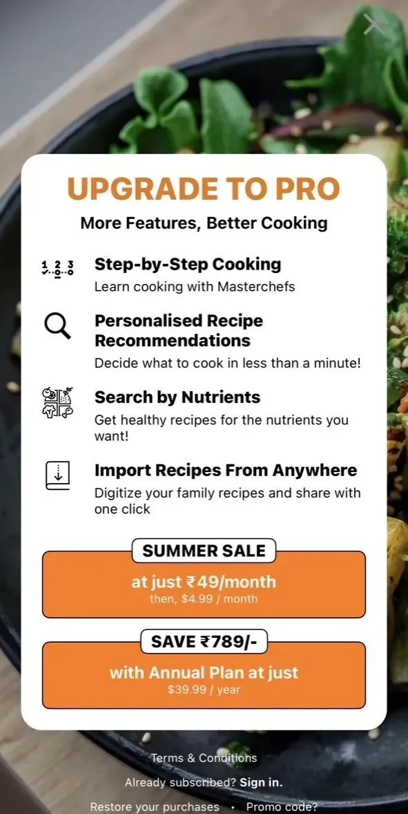 Sanjeev Kapoor Recipes paywall screen