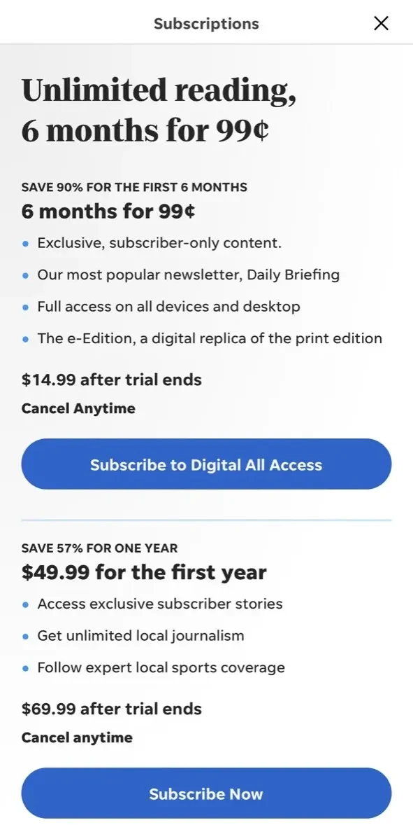 Sarasota Herald Tribune paywall screen