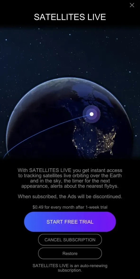 Satellite Tracker paywall screen