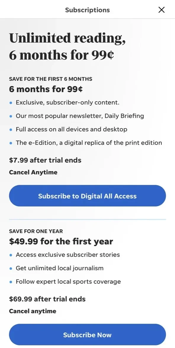Savannah Morning News Mobile paywall screen