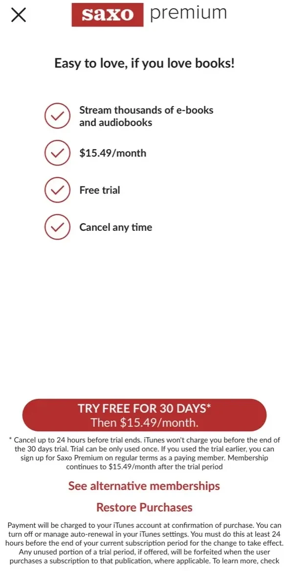 Saxo paywall screen