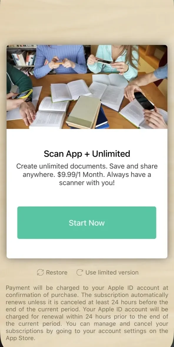 Scan App paywall screen