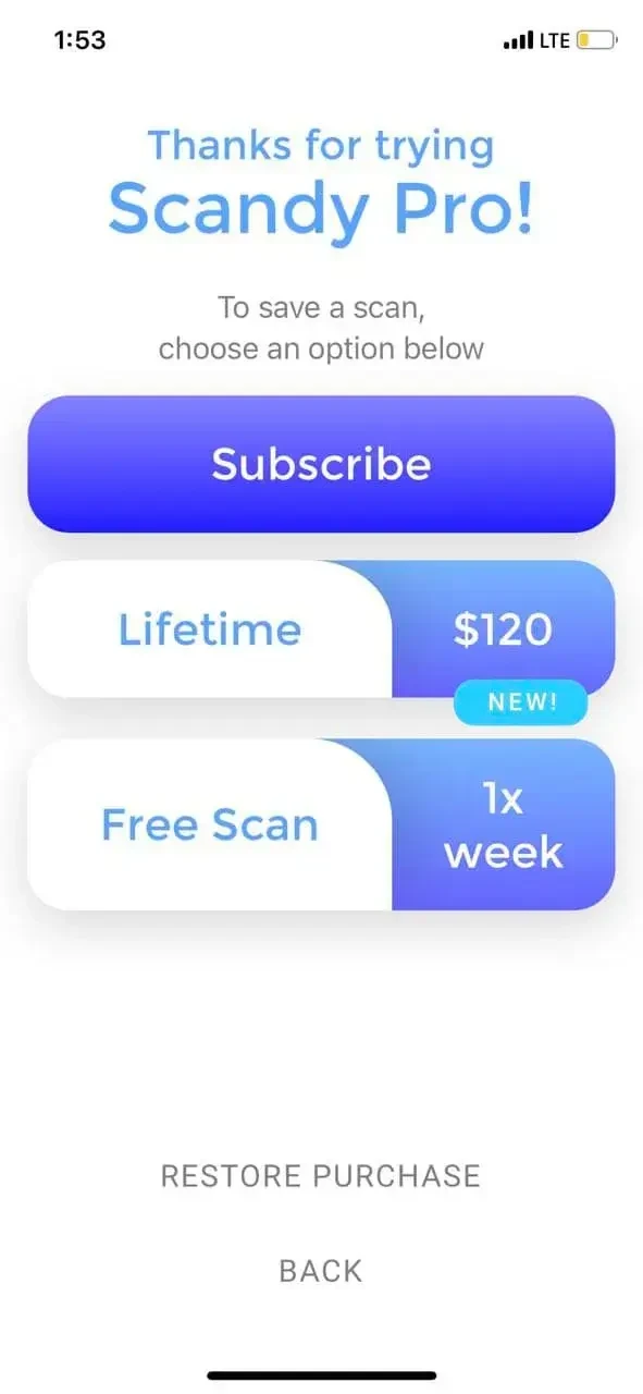 Scandy Pro paywall screen