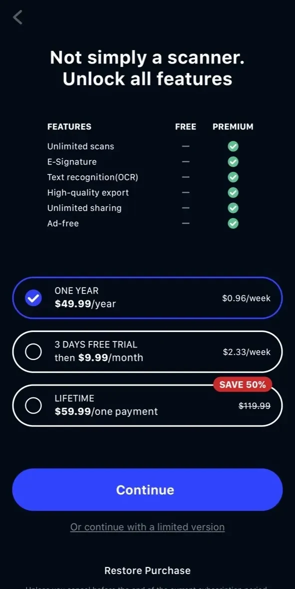 ScaniX paywall screen