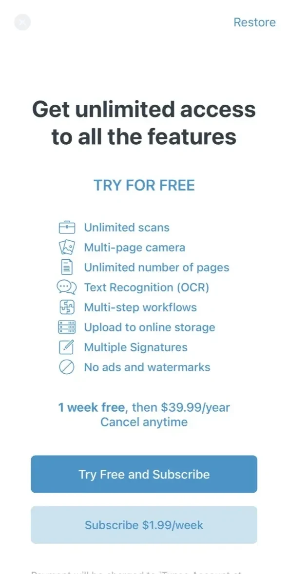 Scanner App paywall screen