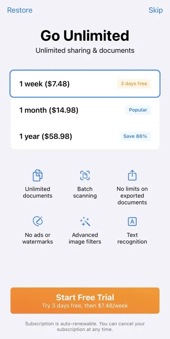 Scanner App. Scan PDF Document paywall screen