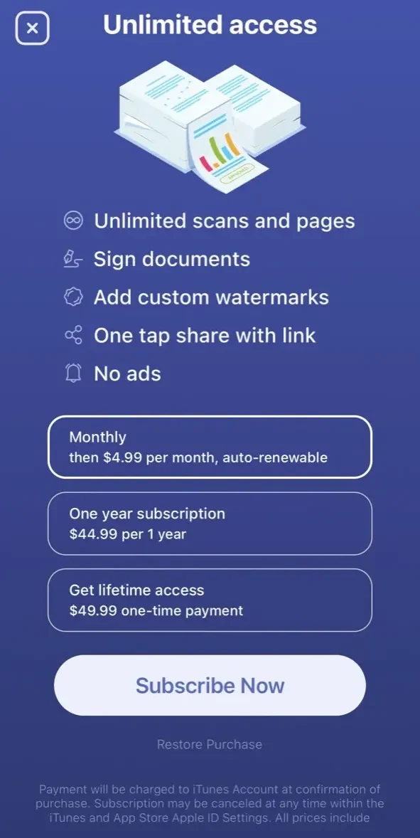 Scanner-App paywall screen