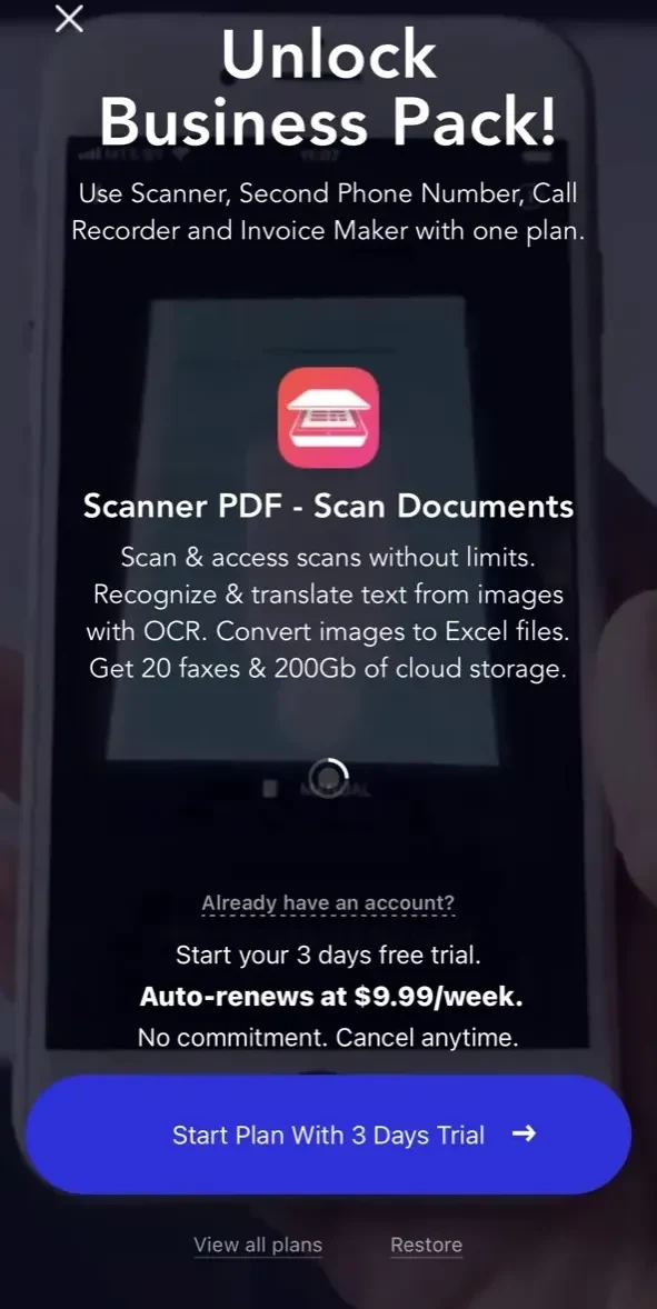 Scanner PDF paywall screen
