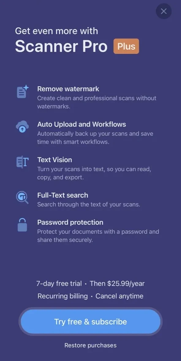 Scanner Pro paywall screen