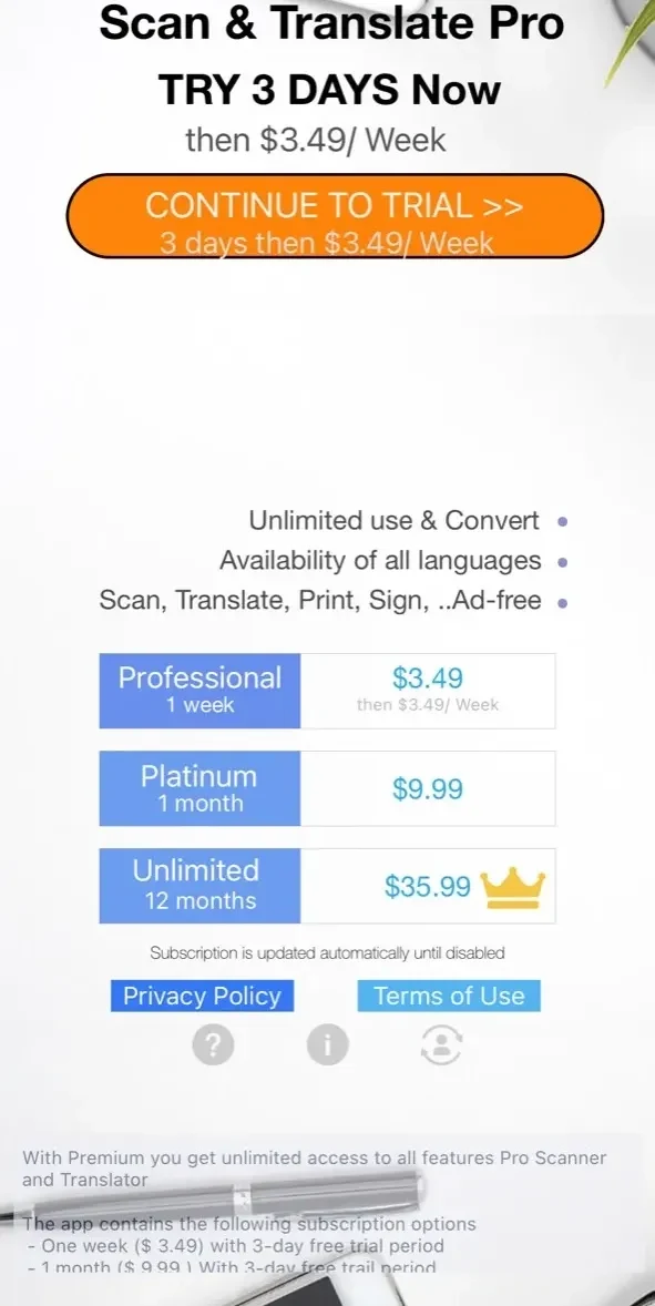 Scanner Translator ترجمه مترجم paywall screen