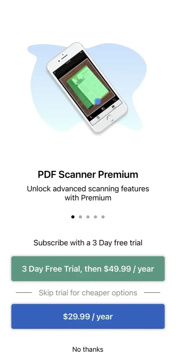 Scanner Vault paywall screen