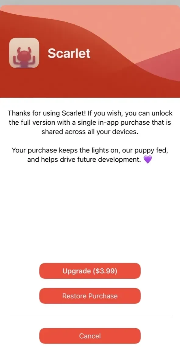 Scarlet paywall screen