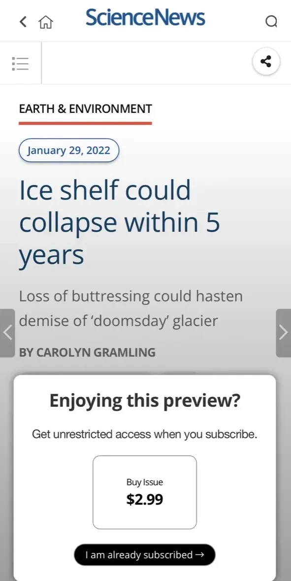 Science News Magazine paywall screen