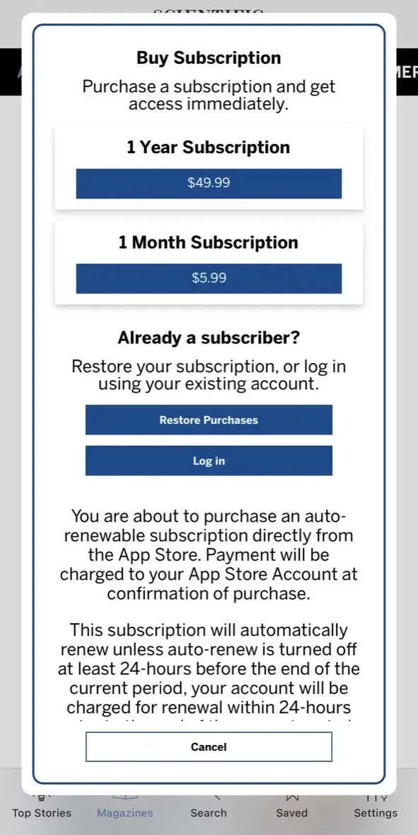 Scientific American paywall screen