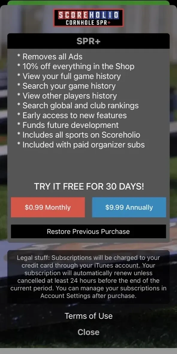 Scoreholio paywall screen
