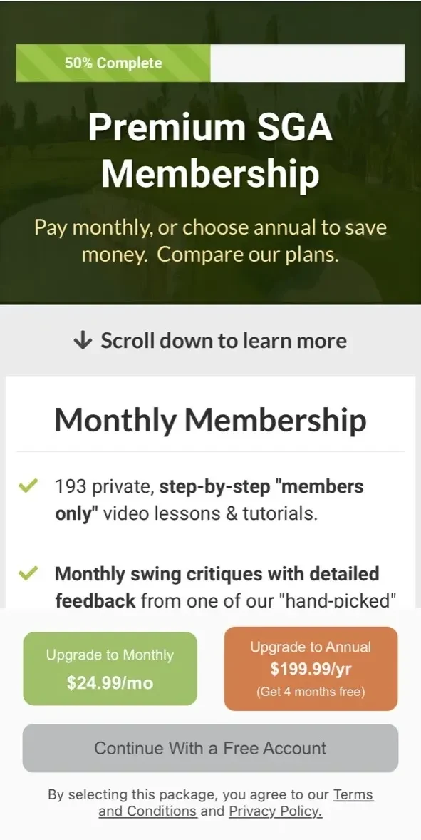 Scratch Golf Academy paywall screen