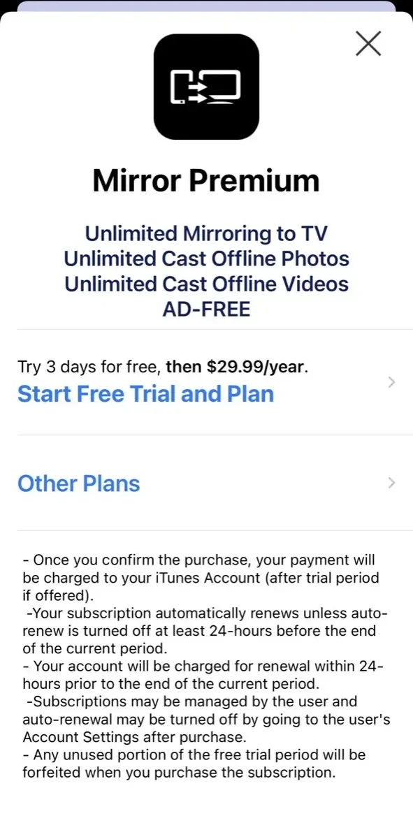 Screen mirroring paywall screen