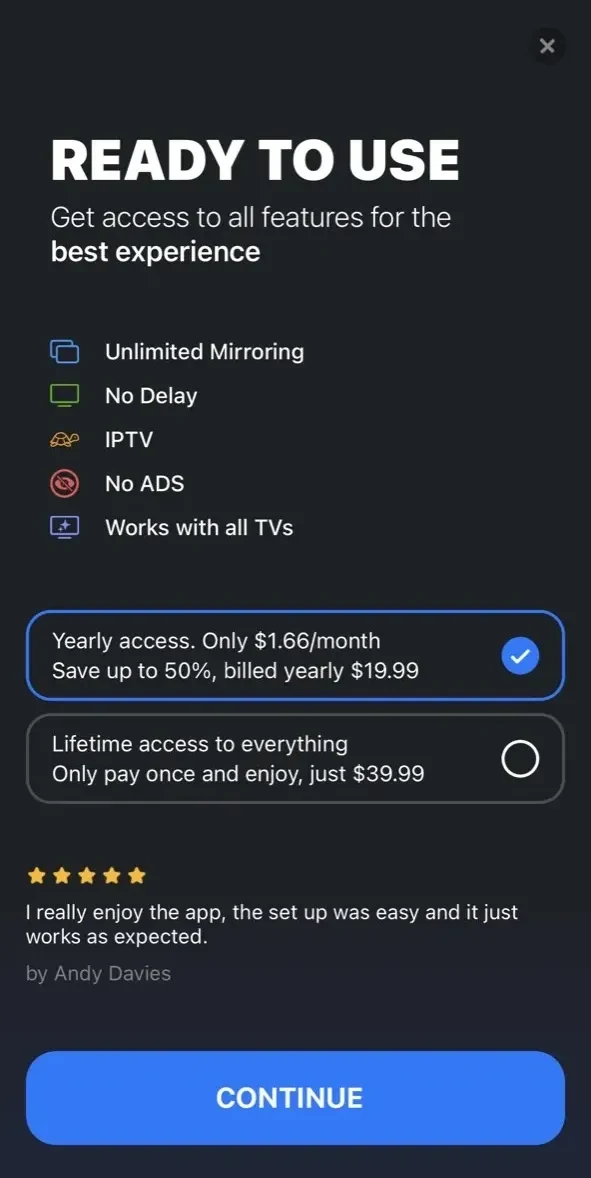 Screen Mirroring paywall screen
