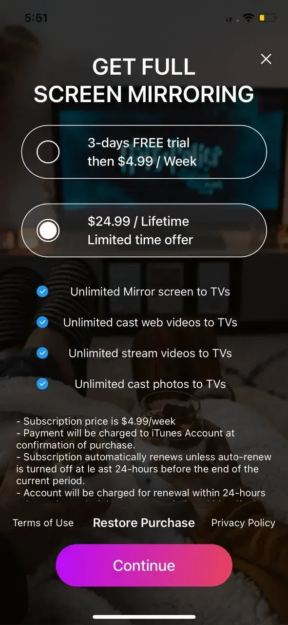 Screen Mirroring paywall screen