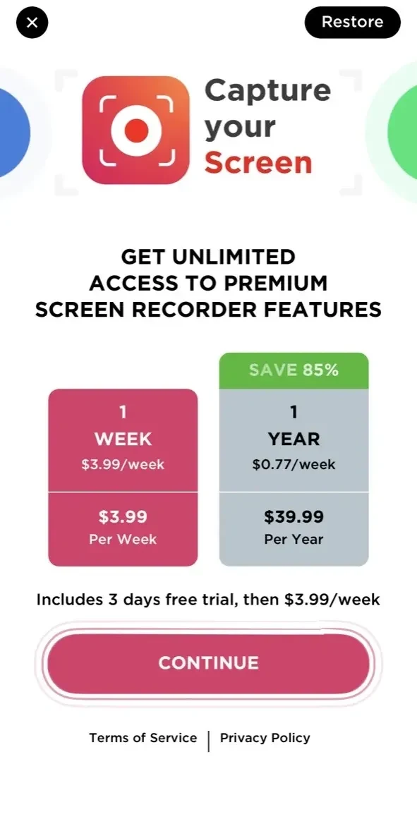 Screen Recorder paywall screen