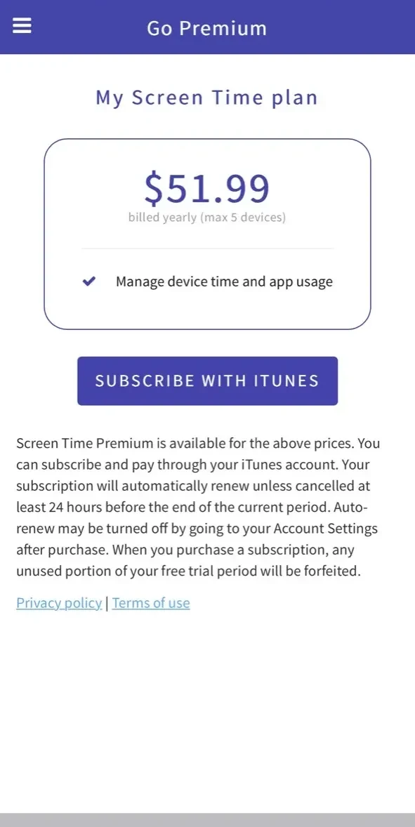 Screen Time Parental Control paywall screen
