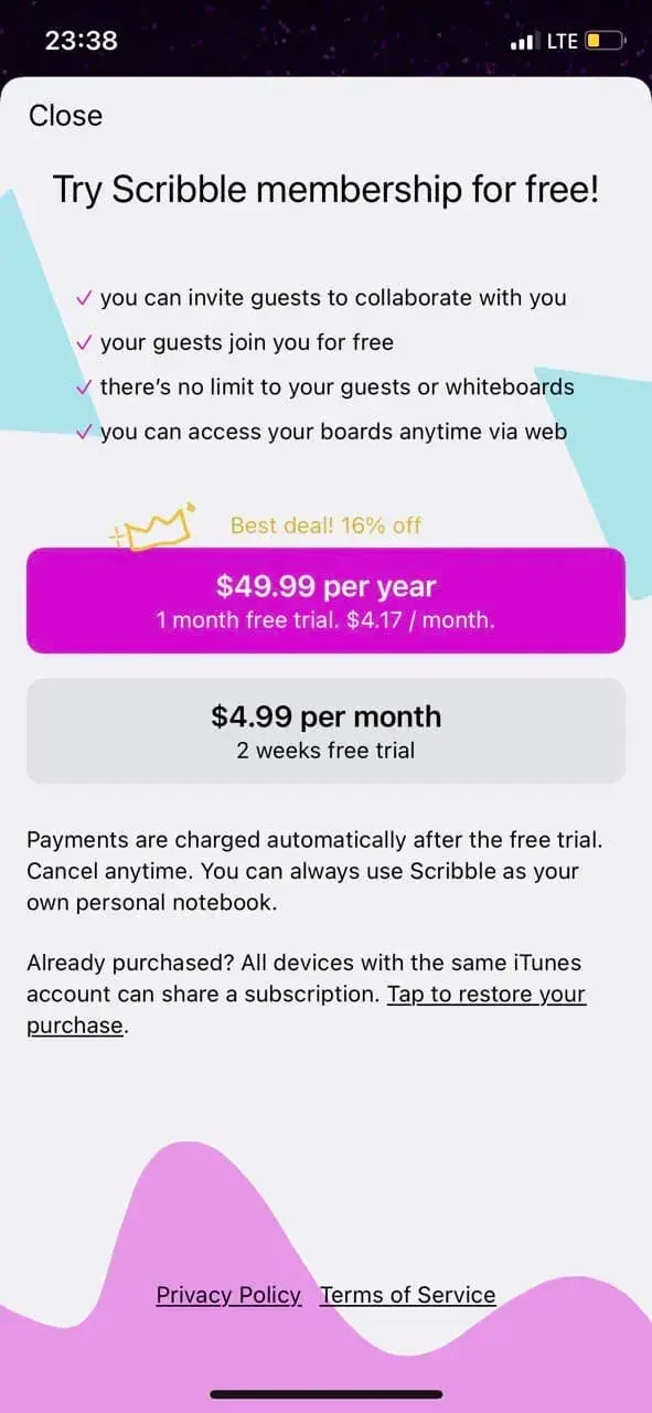 Scribble Together Whiteboard paywall screen