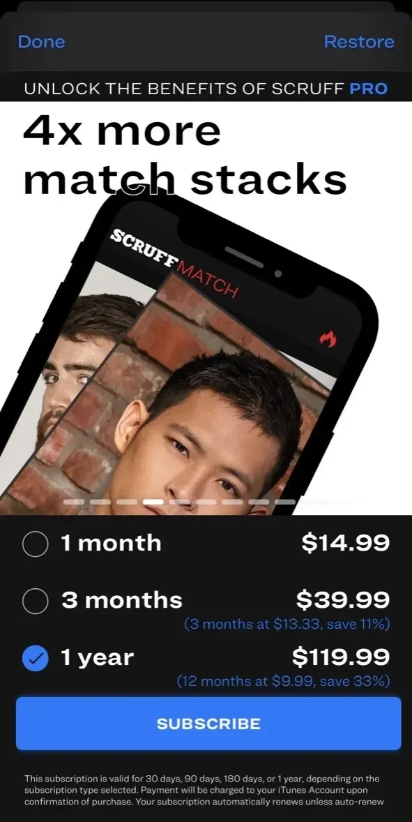 SCRUFF paywall screen