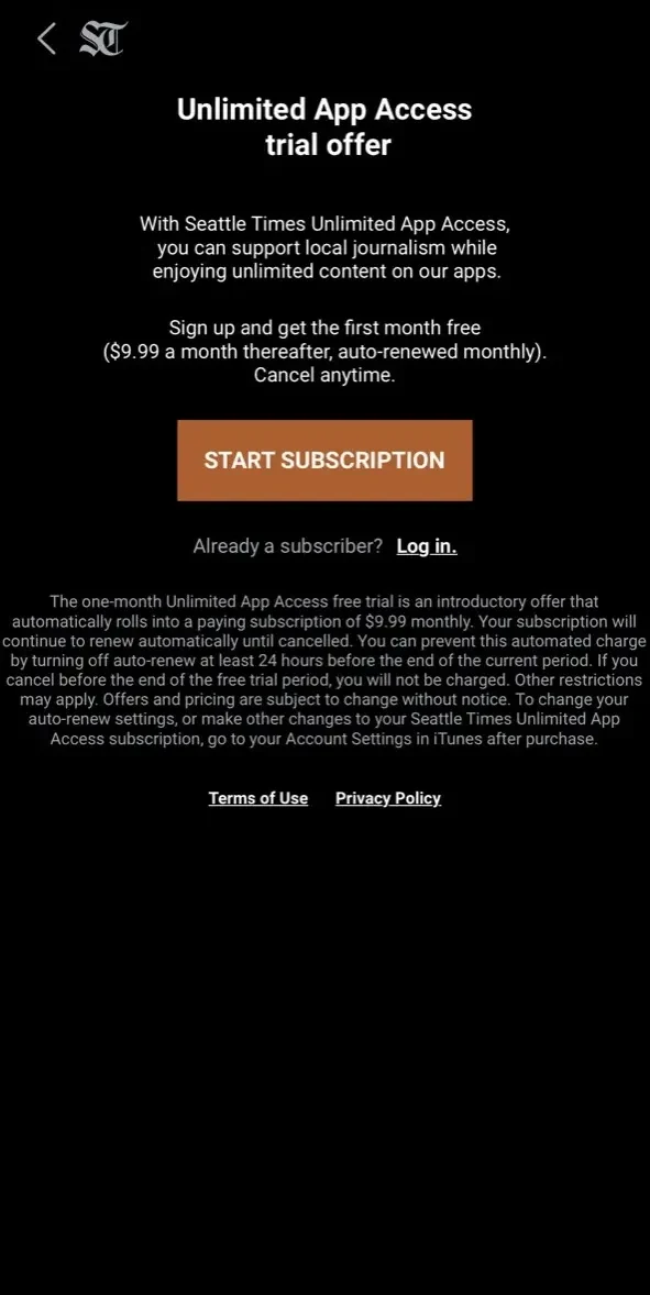 Seattle Times Mobile paywall screen
