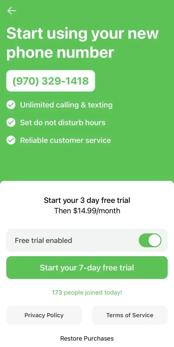 Second Line 2nd Phone Number paywall screen
