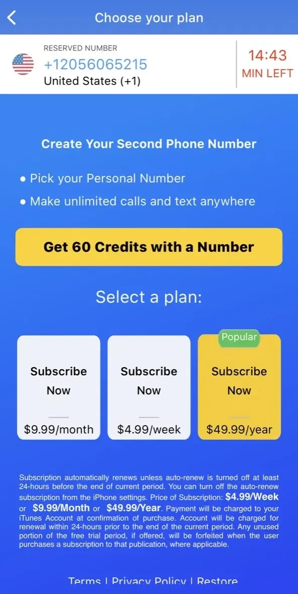Second Phone Number paywall screen