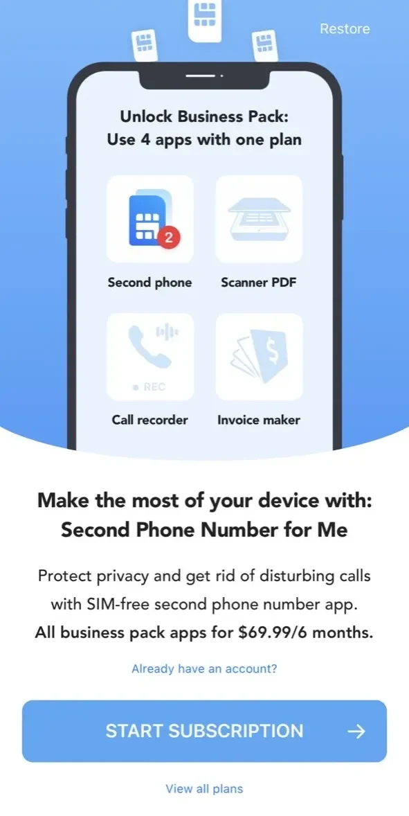 Second Phone Number for Me paywall screen