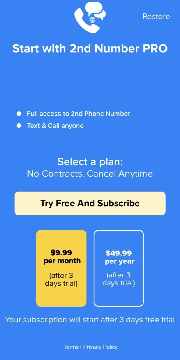 Second Phone Number' paywall screen