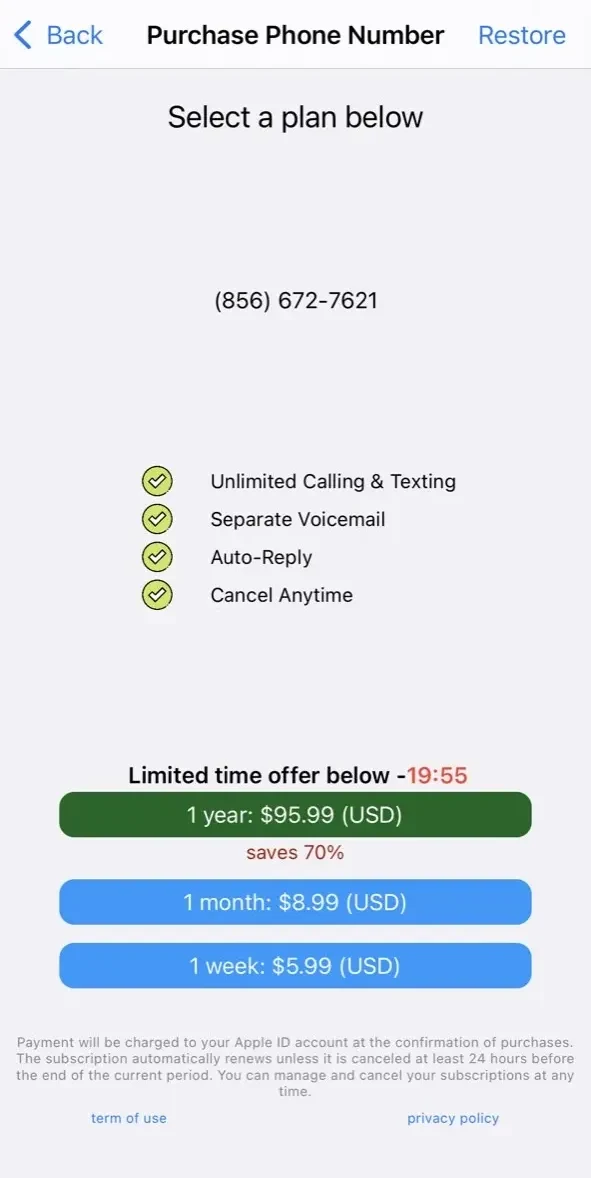 Second Phone Number paywall screen