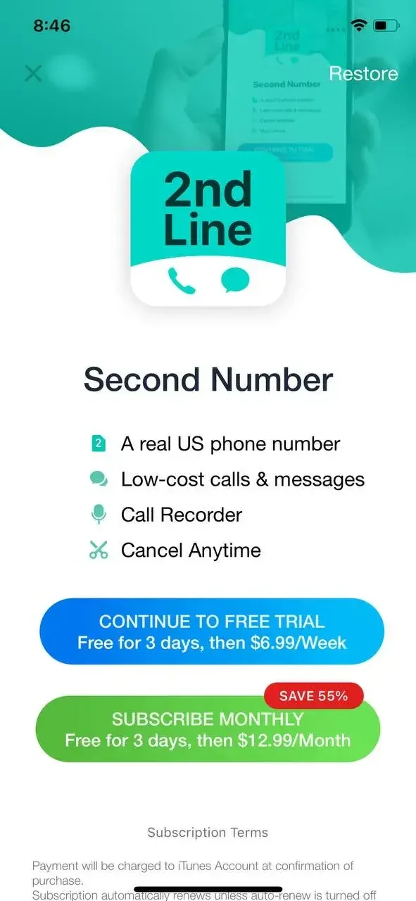 Second Phone Number paywall screen