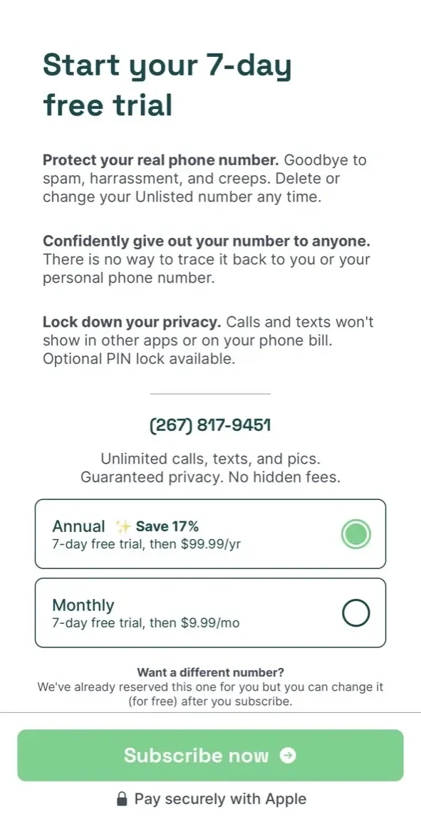 Second Texting Number paywall screen