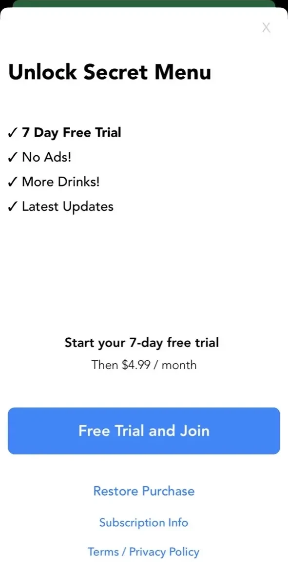 Secret Menu for Starbucks paywall screen