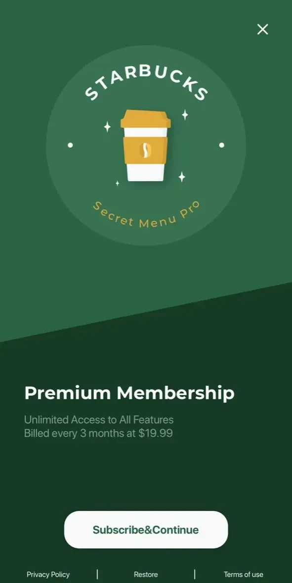 Secret Menu of Starbucks paywall screen